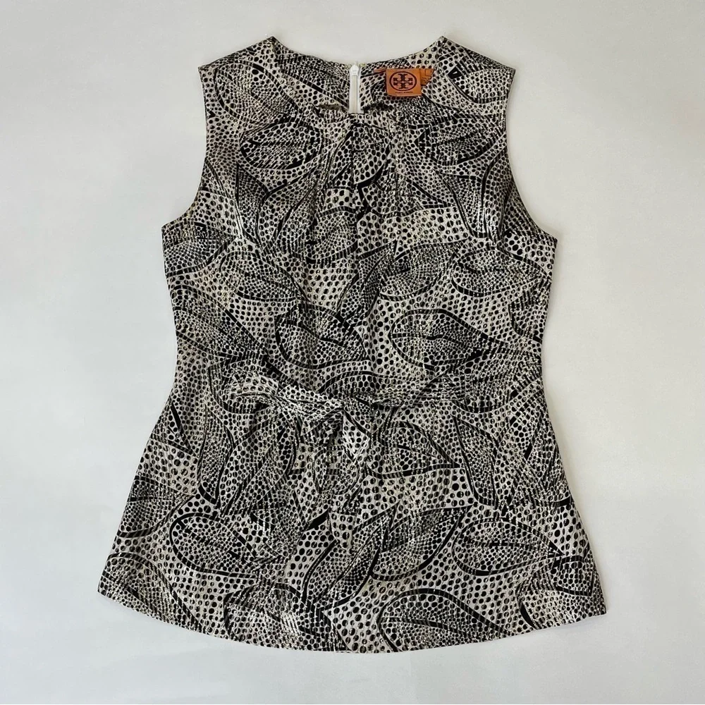 Tory Burch Elson Black Metallic Leaf Print Sleeveless Silk Blouse Size 2